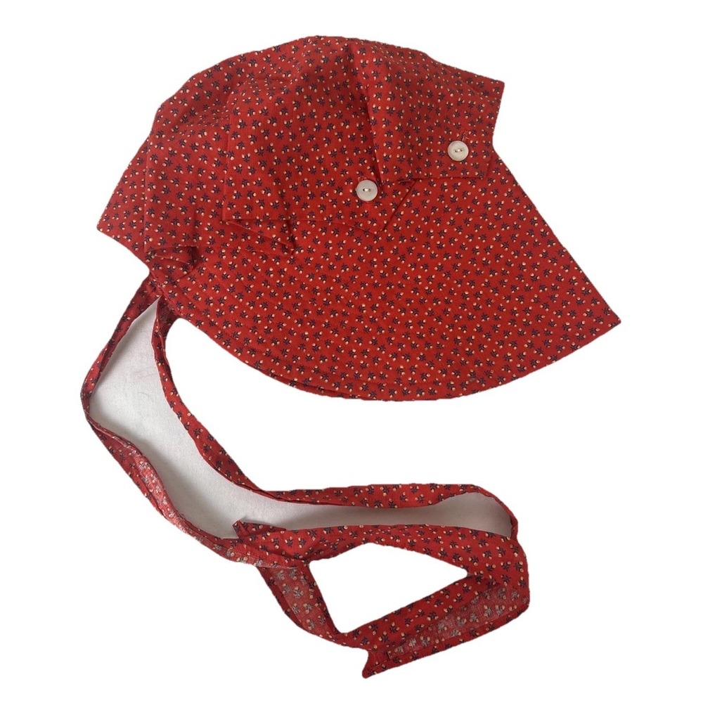Vintage Handmade Prairie Bonnet Sun Hat Historic‎ Costume Red Floral Tie Cottage